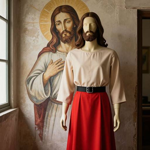 Mannequin in Red Outfit Before Jesus Mural