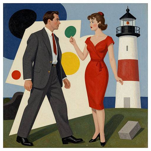 Vintage-style illustration of a man in a gray suit and red tie, and a woman in a red dress, standing by a lighthouse with colorful abstract