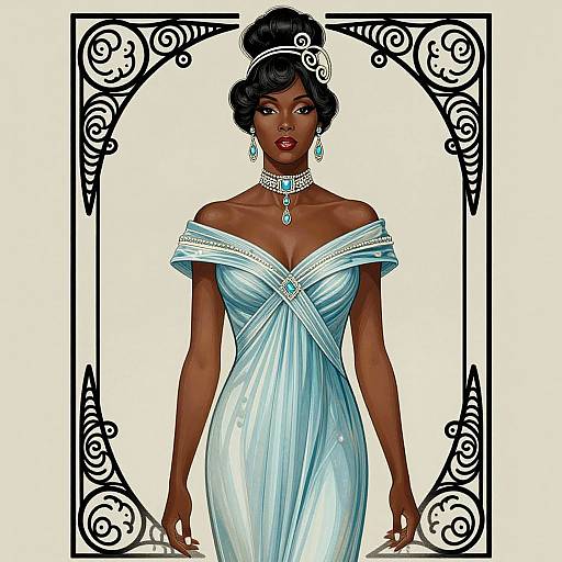 Digital illustration of a dark-skinned woman with an elegant updo, wearing a sparkling off-shoulder blue gown, adorned with jewelry, framed by