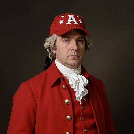 Photograph of a stern-faced, middle-aged white man with curly gray hair, wearing a red coat, white cravat, and red cap with