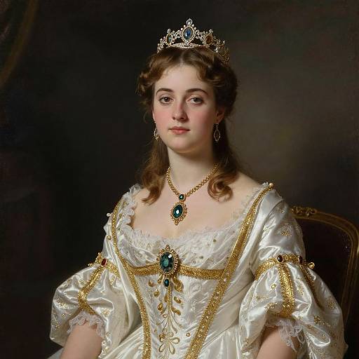 Photograph-style portrait of a fair-skinned, brown-haired woman in an ornate, white and gold royal gown with jewels, wearing a tiara