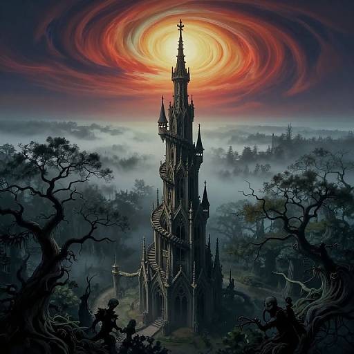 Digital fantasy artwork of a gothic, spiraling castle at dawn, surrounded by misty forest, with a fiery, swirling sun overhead.