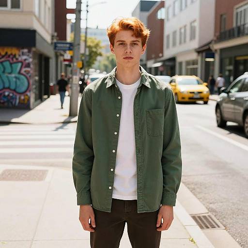 Photograph of a young Caucasian man with red hair, green jacket, white shirt, standing in a sunlit urban street with graffiti, cars, and