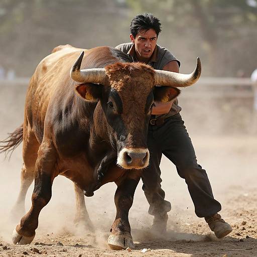 Photograph of a muscular, dark-haired man in a gray shirt, gripping a large brown bull with prominent horns, running in a dusty arena.