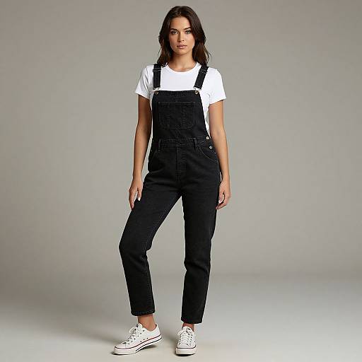 Photograph of a young woman with long dark hair, wearing a white t-shirt under black pinstripe overalls, and white sneakers, standing against
