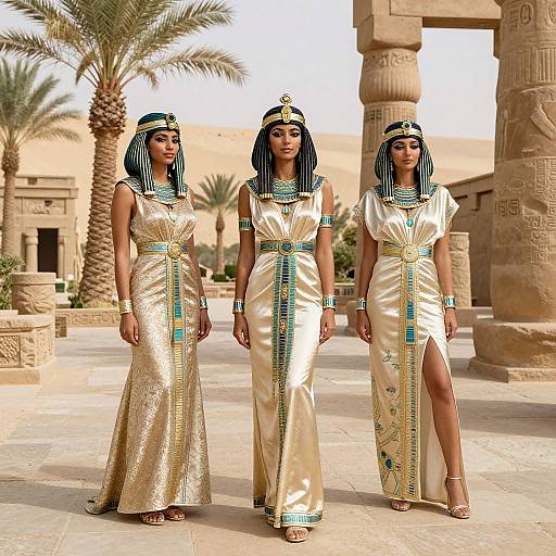 Three Egyptian women in gold, striped headdresses, and white, gold-trimmed dresses with thigh slits, stand in an ancient, desert temple