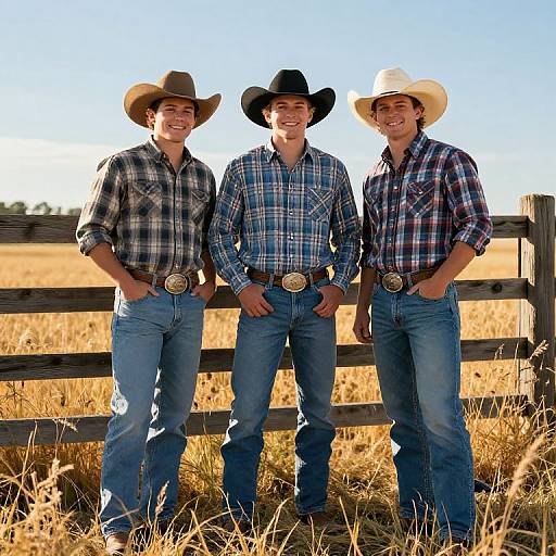 Three smiling young men in cowboy hats and plaid shirts, standing in a sunlit, golden wheat field, each with a large silver belt buckle.