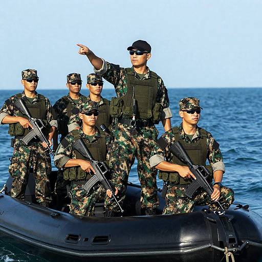 Military Personnel on Inflatable Boat at Sea