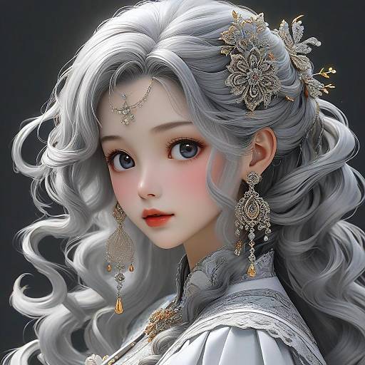 Digital artwork of a fair-skinned, blue-eyed, silver-haired woman with intricate gold floral hairpiece, ornate earrings, and lace-trimmed