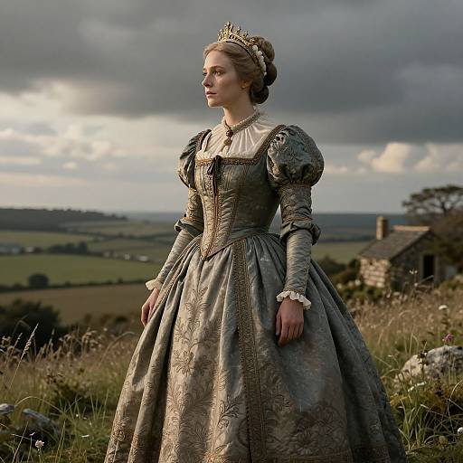 Photograph of a young woman in a 18th-century, grey, ornate gown with puffed sleeves, golden crown, and lace cuffs,