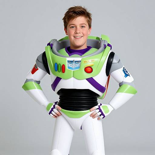 Photograph of a smiling young boy in a green and white Buzz Lightyear astronaut suit with colorful buttons and patches, standing against a plain white background.