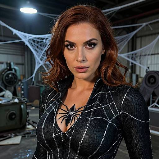 Photograph of a woman with wavy brown hair, wearing a black spiderweb-patterned costume with a spider emblem, in a dimly lit,