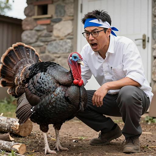Man and Turkey in Rustic Outdoors