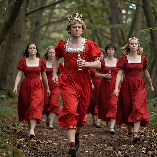 Photograph of five young women in red dresses and gold crowns, running through a forest, holding beer bottles, with autumn leaves on the ground.