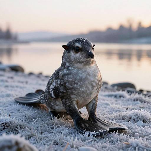 Photograph of a speckled seal sitting on a frosty shore at sunrise, with a calm, reflective water background.