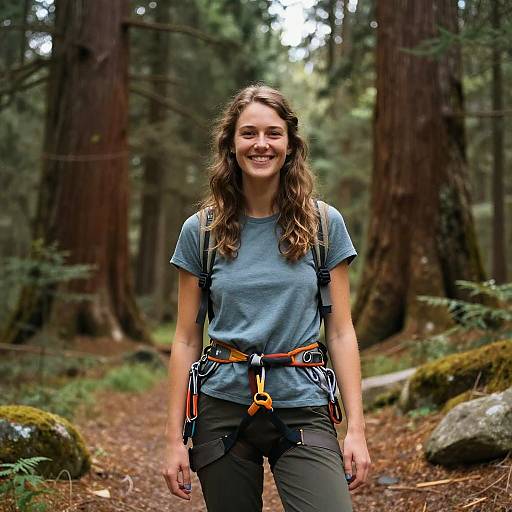 Smiling woman with wavy brown hair, wearing blue shirt, black pants, and orange climbing harness, stands in a lush forest. Photograph.