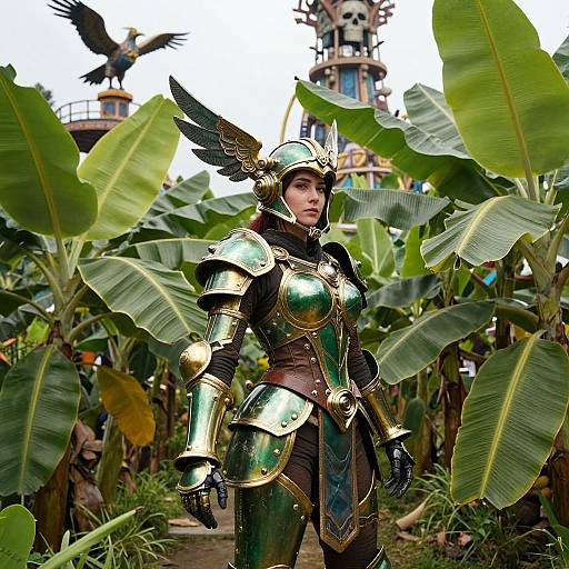 Photograph of a female warrior in green and gold medieval armor with winged helmet, standing amidst tall banana plants, with a fantasy castle and eagle statue