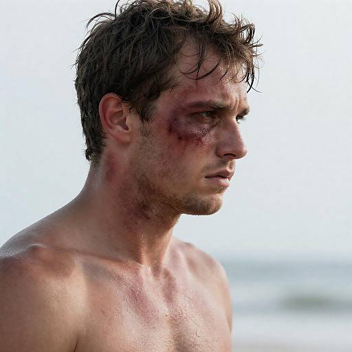 Somber Shirtless Man in Bruised Profile
