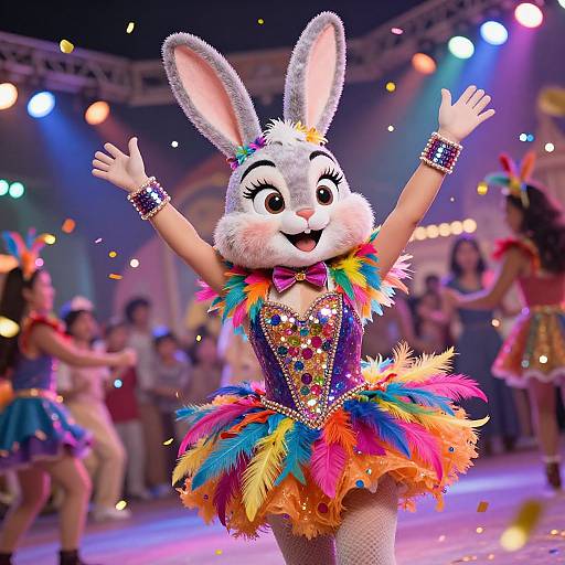 Vibrant CGI image of a joyful, anthropomorphic rabbit in a colorful, feathered, sequined costume, arms raised, dancing on a stage