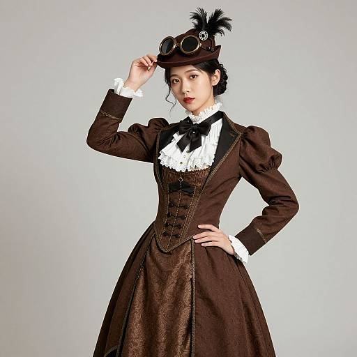 Victorian-style photograph of an Asian woman in a brown corset dress with white lace, black hat with feather, and goggles, posing against a plain