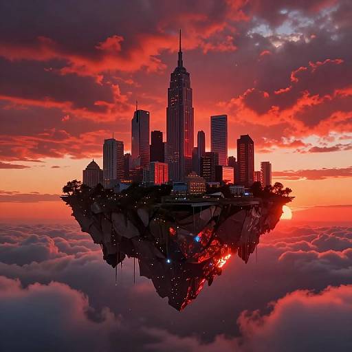 Surreal Crimson Skies Over Floating Metropolis