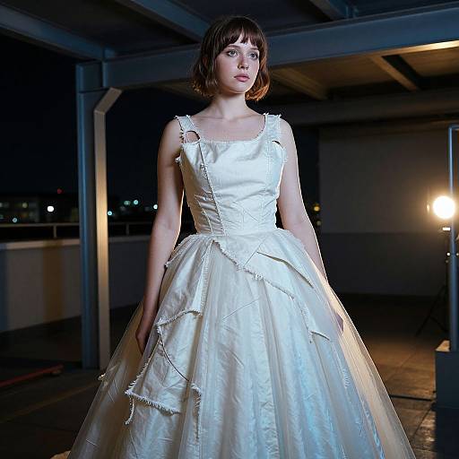 Photograph of a young woman with short brown hair in a white, sleeveless, satin ball gown, standing in a dimly lit, industrial-style