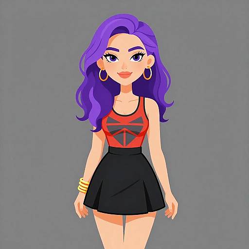 Digital cartoon of a confident woman with vibrant purple hair, wearing a red tank top with black geometric patterns, black skirt, gold hoop earrings, and bracelets