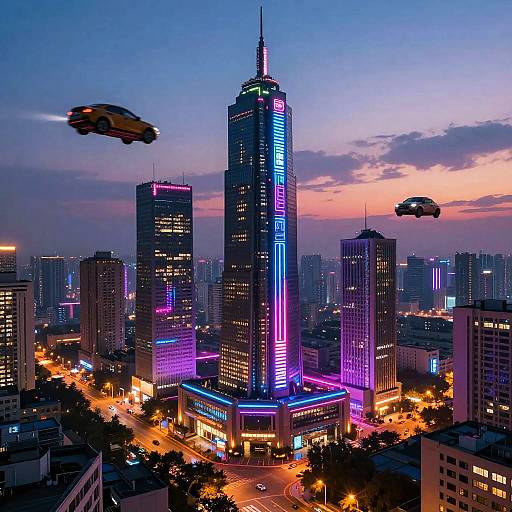 Photograph of a futuristic cityscape at dusk, featuring neon-lit skyscrapers with flying cars, vibrant purple and blue lights, and a busy
