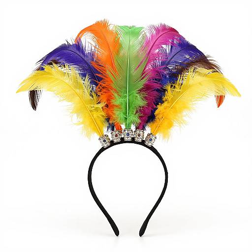 Vibrant feathered headband with multicolored feathers in shades of orange, yellow, green, purple, and blue, set against a white