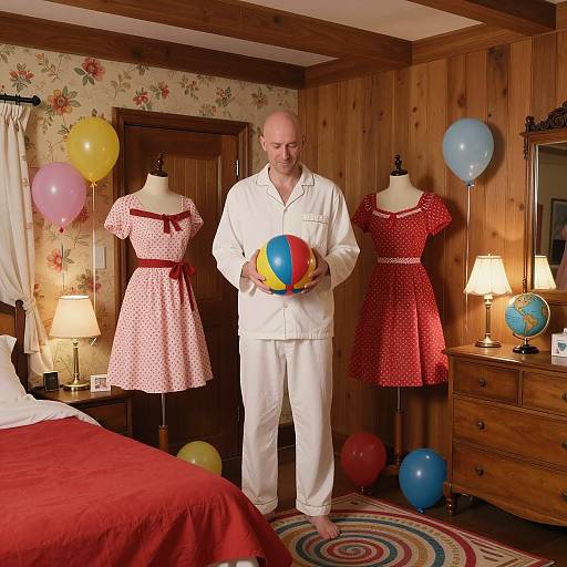 Whimsical Bedroom Scene with Man and Mannequins
