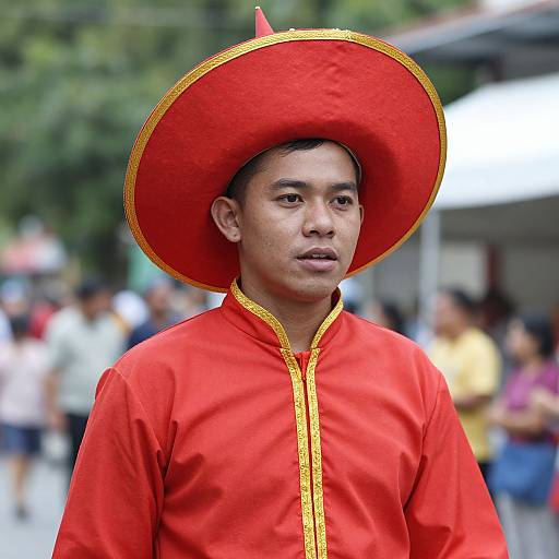 Photograph of a serious Asian man in a bright red traditional outfit with gold trim and a large red hat, standing outdoors in a blurry, crowded background