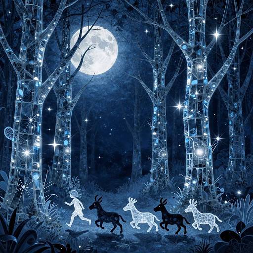 Moonlit forest scene with glowing blue fairy lights on birch trees, silhouetted deer, and illuminated white figures in a magical, starry
