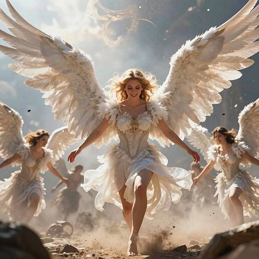 Photograph of angelic women with large, white, feathered wings, wearing flowing, white, feathered dresses, running through a sunlit,