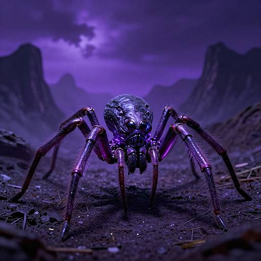 Photorealistic CGI of a glowing, purple-hued spider with metallic legs, set against a dark, purple-hued, mountainous landscape under a