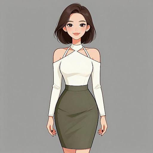 Digital anime-style drawing of a young woman with short black hair, wearing a white off-shoulder top and green skirt, standing against a gray background