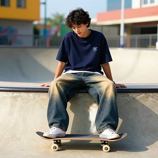 Boy Sitting on Skatepark Ledge with Skateboard