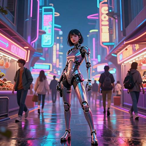 Cyberpunk neon-lit street scene featuring a futuristic, metallic, android woman with black hair standing confidently among blurred, neon-adorned pedestrians.