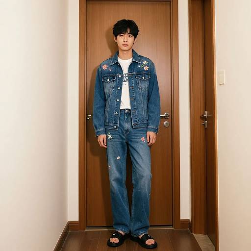 Photograph of an Asian man with black hair, wearing a blue denim jacket and jeans, white t-shirt, and black sandals, standing in a wooden