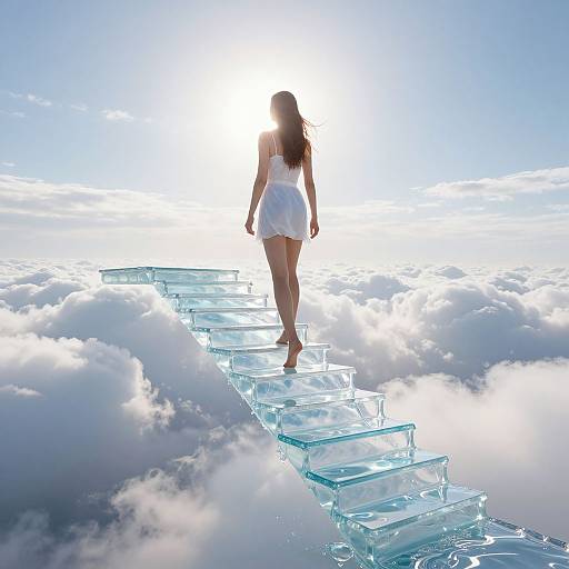 Photograph of a woman in a white dress walking barefoot on a glass staircase through fluffy clouds, illuminated by a bright sun.