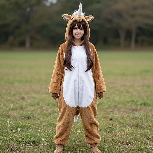 Young girl in brown unicorn onesie with white belly, horn, and ears, standing on green grass, smiling, photograph.