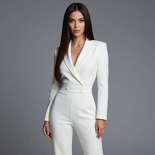 Photograph of a tall, slender woman with long black hair wearing a white, deep V-neck blazer and matching pants, standing against a gray background