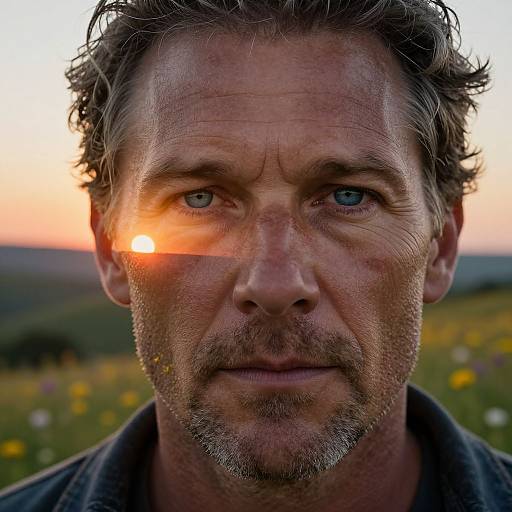 Double Exposure Portrait of Man with Sunset and Landscape