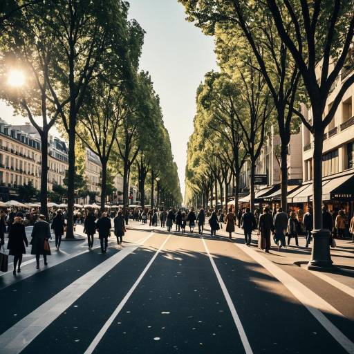 Busy Tree-Lined Avenue with Shoppers at Sunset