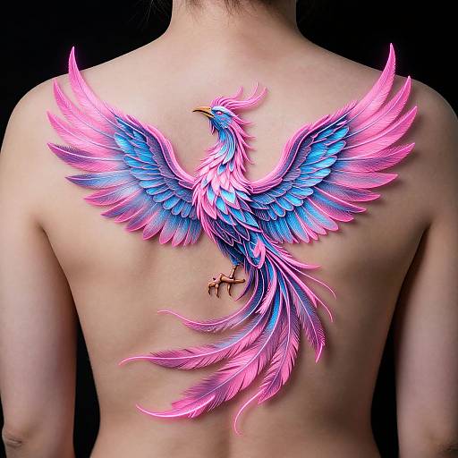 Photograph of a shirtless person with a vibrant, neon pink and blue phoenix tattoo on their back, wings spread wide.