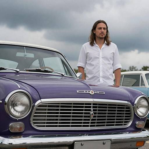 Man Behind Purple Vintage Car, Smoky Sky