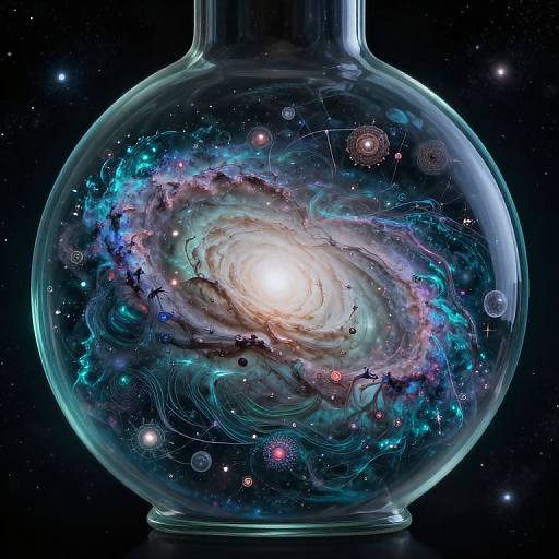 Photorealistic digital artwork of a glowing spiral galaxy inside a transparent glass round-bottom flask against a starry black space background.