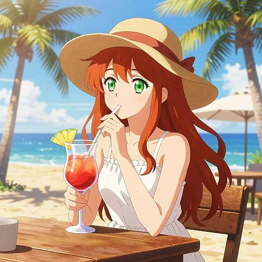 Anime Woman Sipping Cocktail at Beach