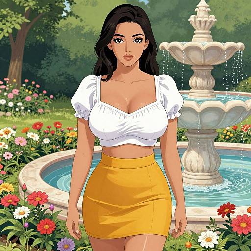 Digital art of a curvy woman with large breasts, dark hair, wearing a white crop top and yellow skirt, standing in front of a fountain surrounded