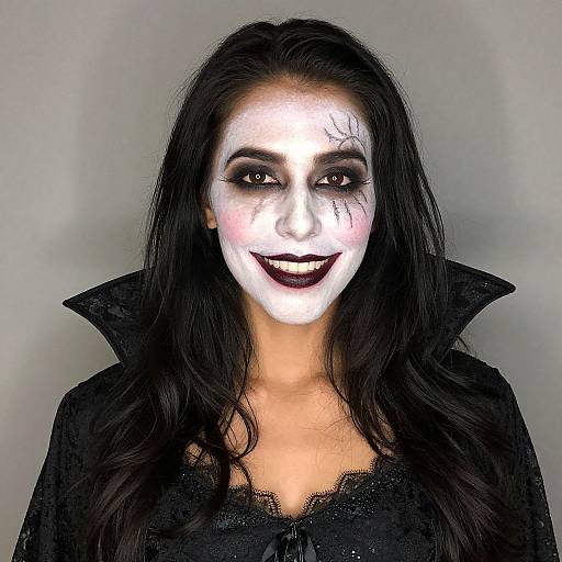 Digital artwork of a woman with pale white face paint, dark lipstick, black eye makeup, and black hair, wearing a black lace top and high-c