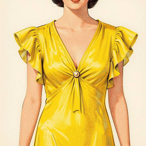 Digital illustration of a woman's upper body in a vibrant yellow, V-neck dress with ruffled sleeves and a central button.
